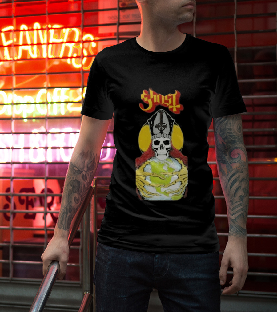 Ghost Skeleton Bishop Holding Earth Iconic Twisted Thread Ceremony T-Shirt