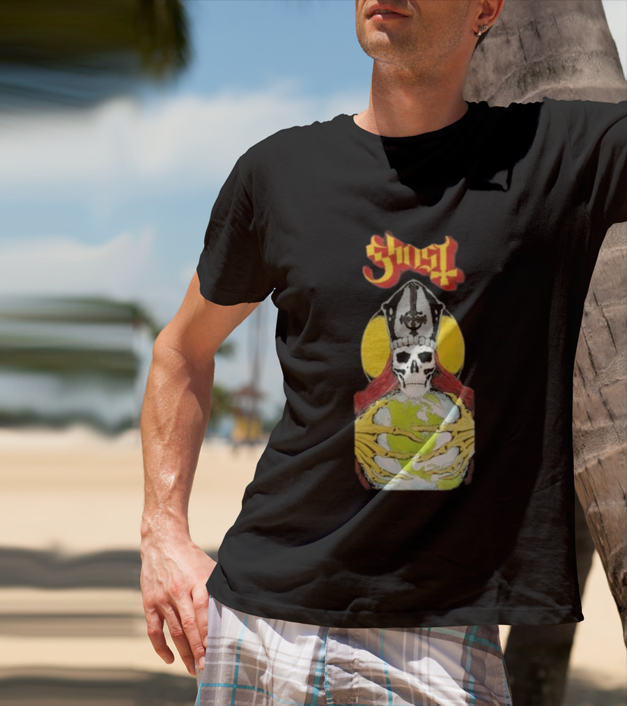 Ghost Skeleton Bishop Holding Earth Iconic Twisted Thread Ceremony T-Shirt
