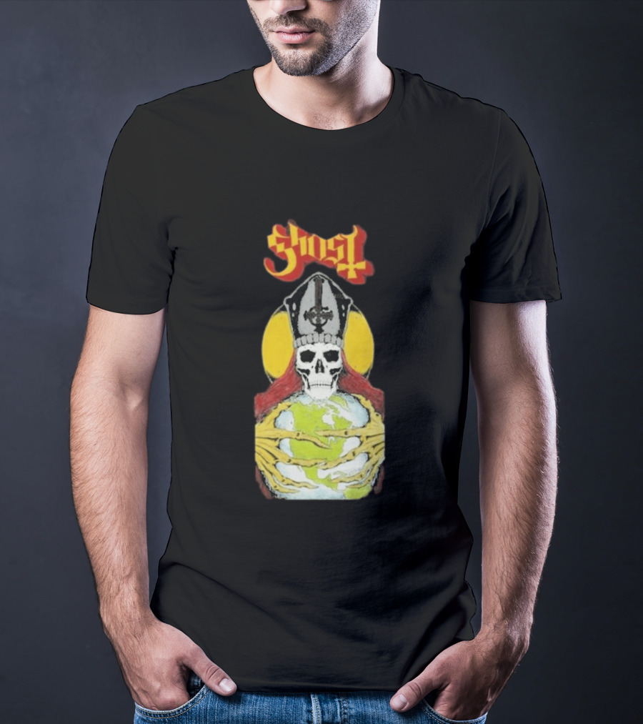 Ghost Skeleton Bishop Holding Earth Iconic Twisted Thread Ceremony T-Shirt