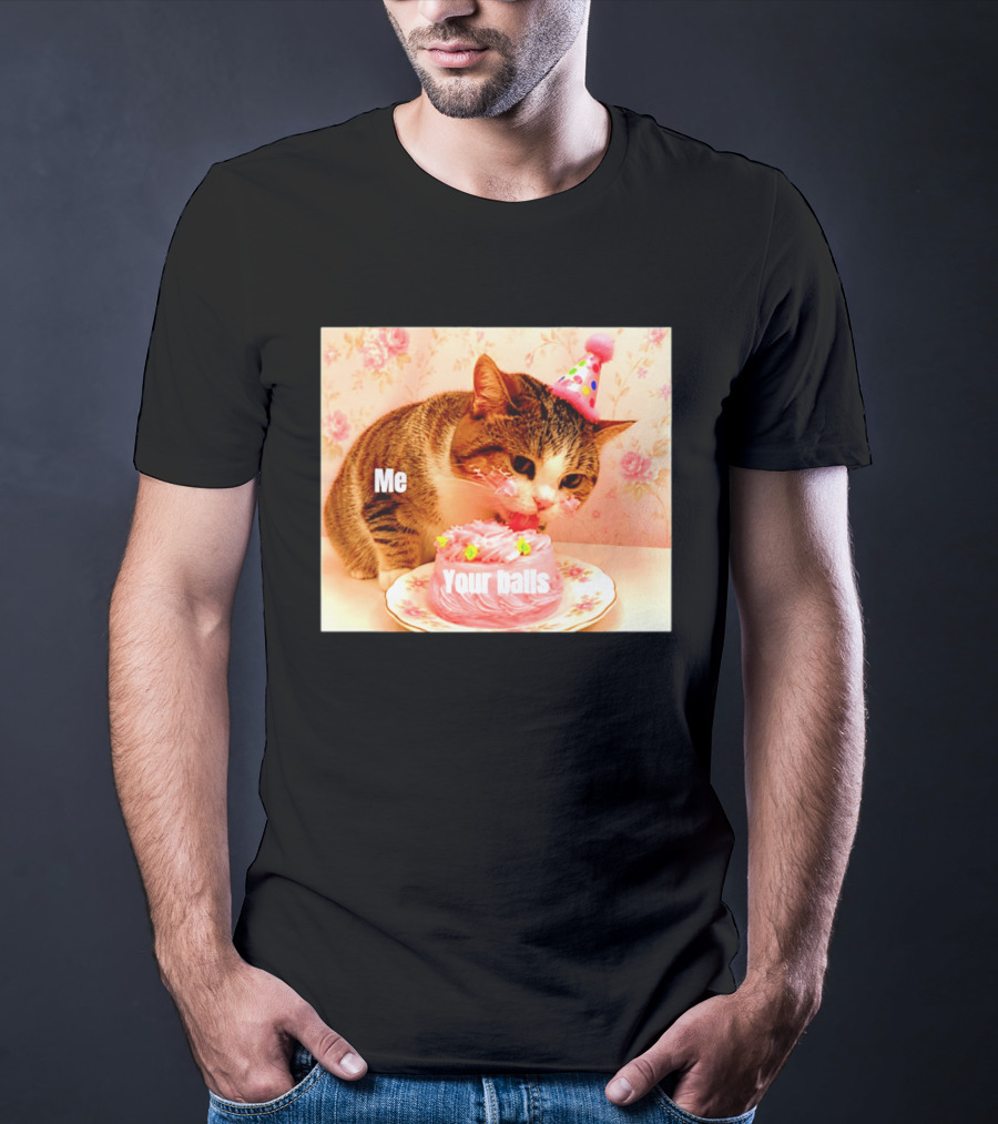 Me Your Balls Cat Eating Cake Party Hat T-Shirt