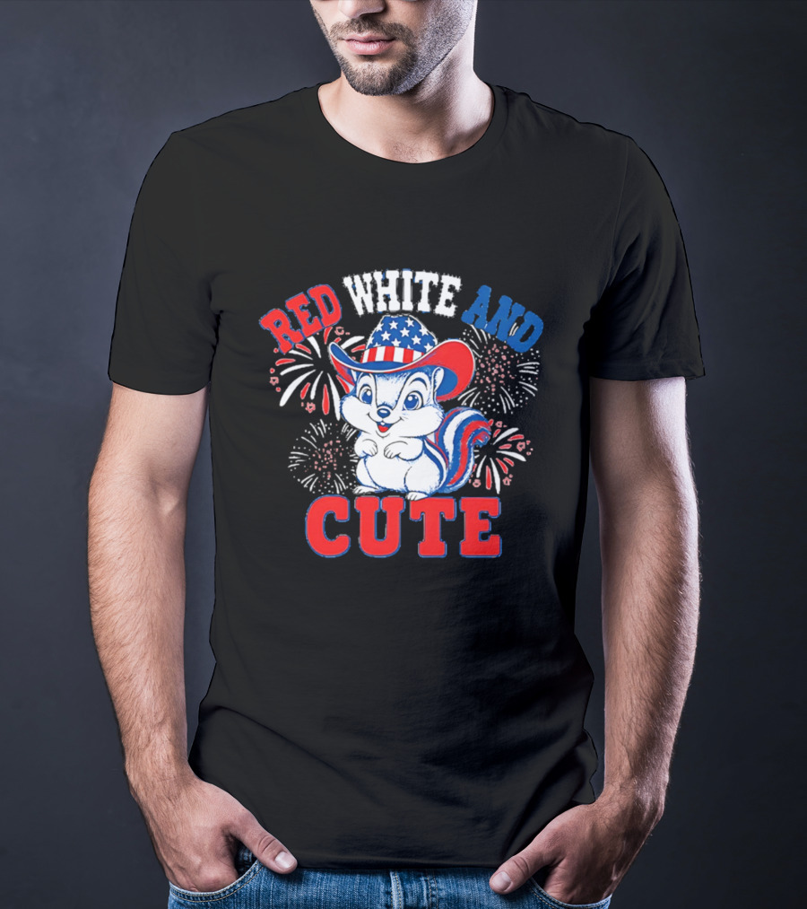 Red White And Cute Fireworks Patriotic Squirrel Cowboy Hat T-Shirt