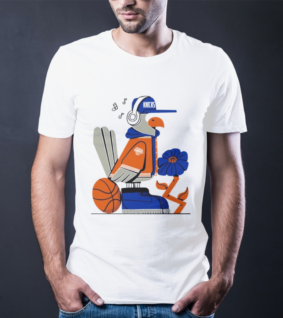 New York Knicks Go Go Go Bird With Cap And Basketball T-Shirt