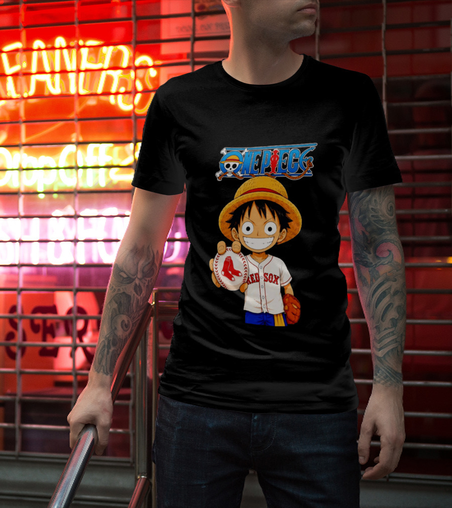 Monkey D. Luffy Red Sox One Piece Crossover Boston Baseball Collaboration T-Shirt