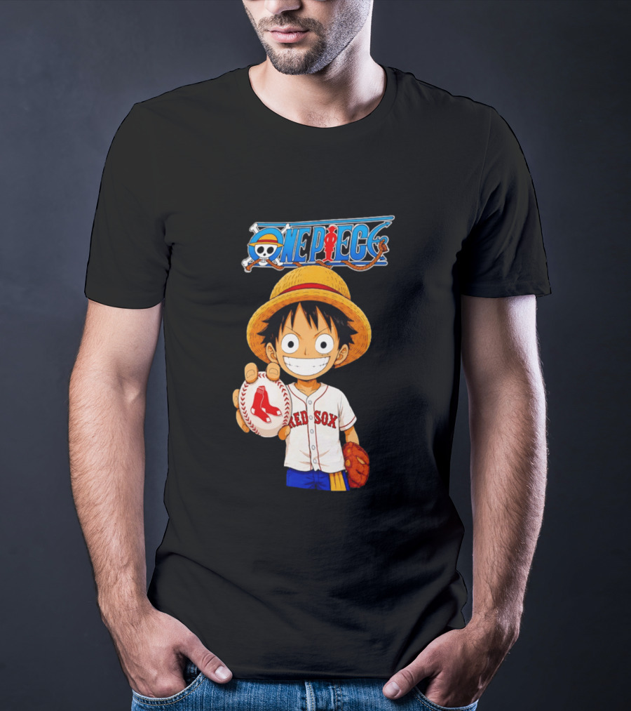 Monkey D. Luffy Red Sox One Piece Crossover Boston Baseball Collaboration T-Shirt