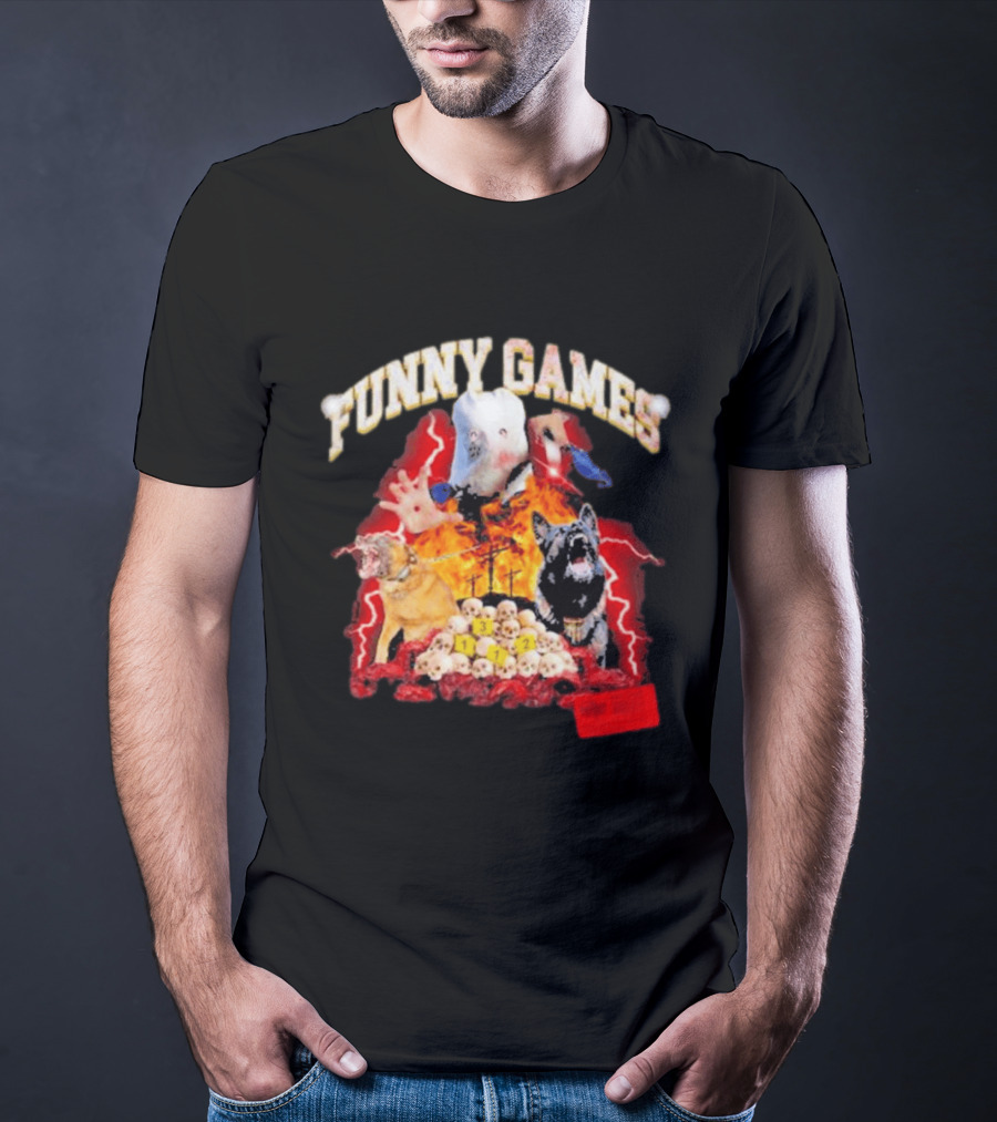 Funny Games Dog Skull Pile Fire Chaos T-Shirt