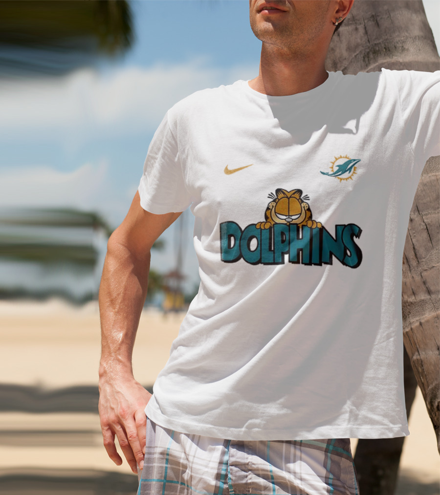 Nike Miami Dolphins Garfield Orange Cat çizim T-Shirt
