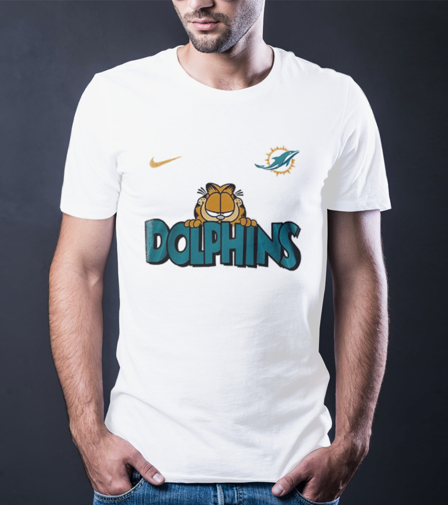 Nike Miami Dolphins Garfield Orange Cat çizim T-Shirt