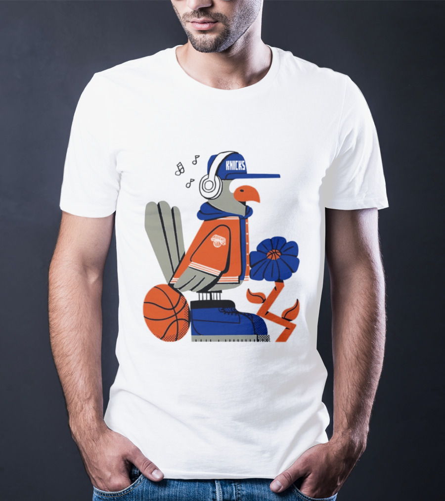 New York Knicks Bird Cap Headphones Basketball Flower T-Shirt