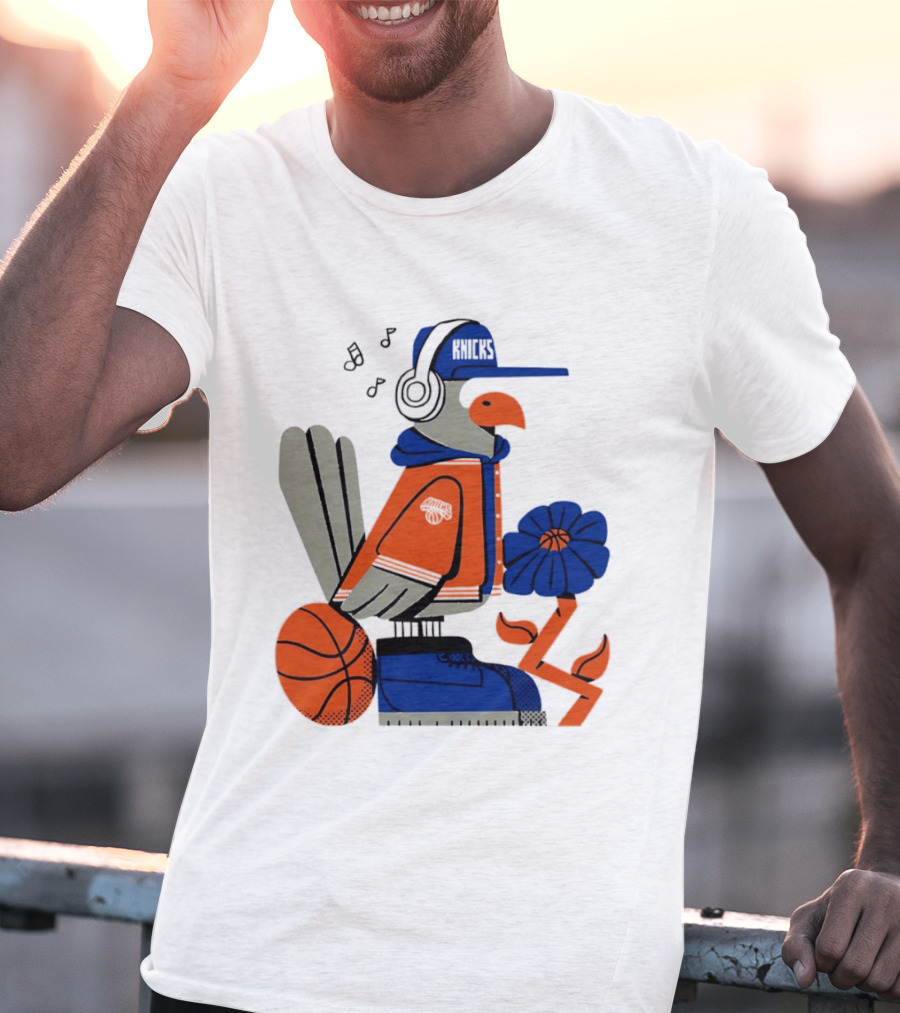 New York Knicks Bird Cap Headphones Basketball Flower T-Shirt