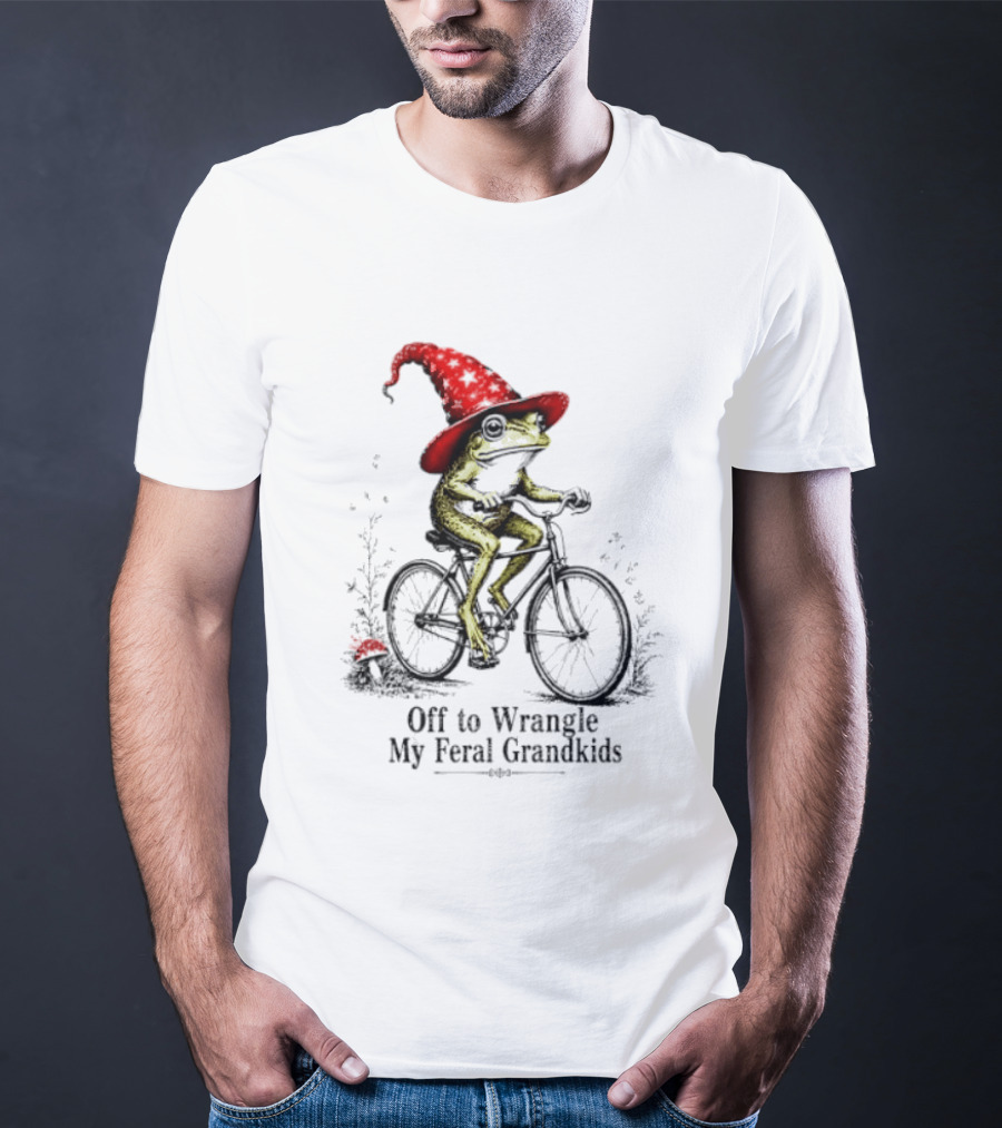Off To Wrangle My Feral Grandkids Wizard Frog On Bicycle With Red Hat T-Shirt