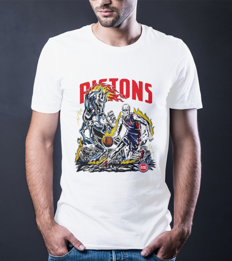 Detroit Pistons Skull Basketball Horse Flames Robot T-Shirt
