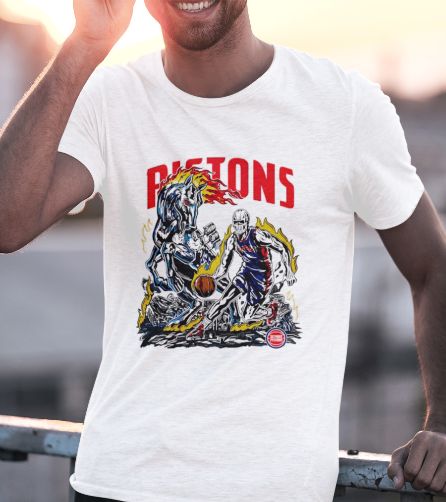 Detroit Pistons Skull Basketball Horse Flames Robot T-Shirt