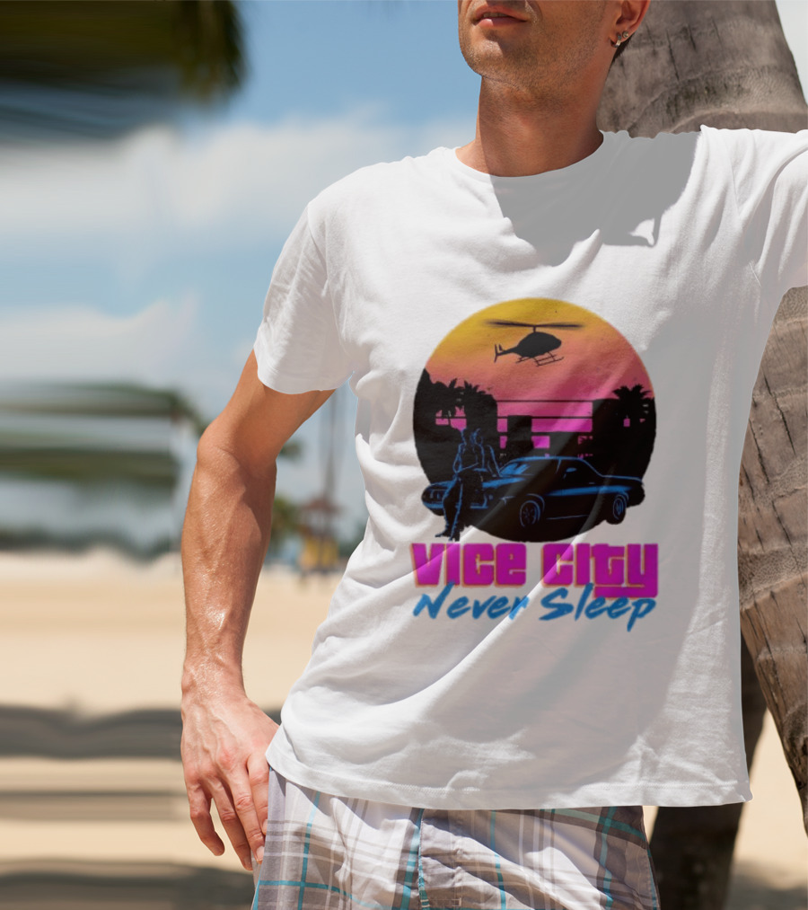 Vice City Never Sleep 80s Sunset Car Helicopter T-Shirt
