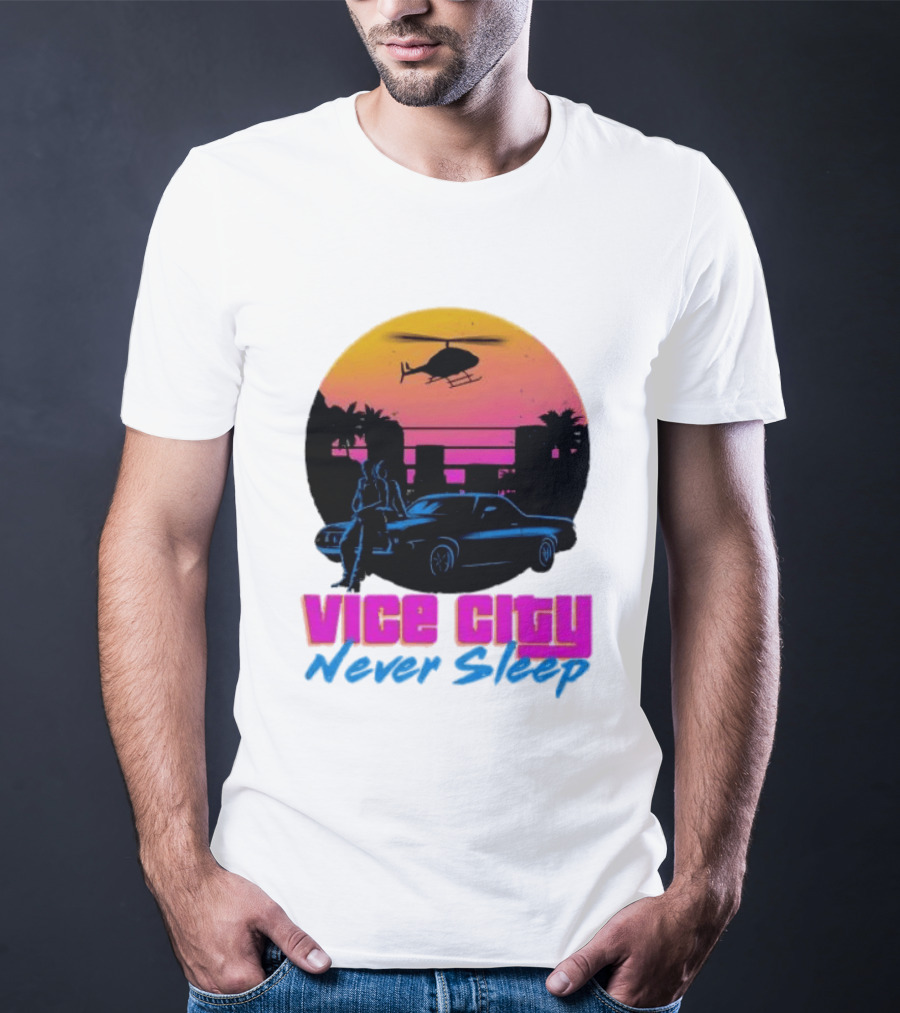 Vice City Never Sleep 80s Sunset Car Helicopter T-Shirt