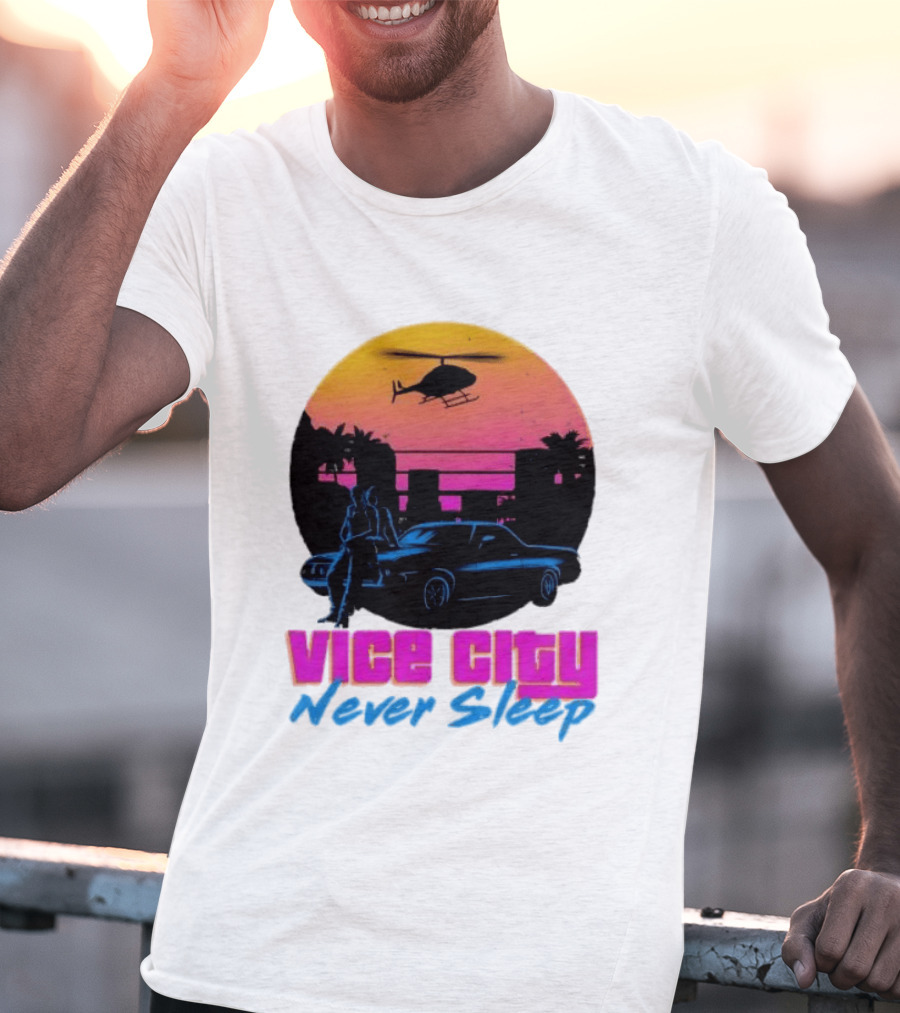 Vice City Never Sleep 80s Sunset Car Helicopter T-Shirt
