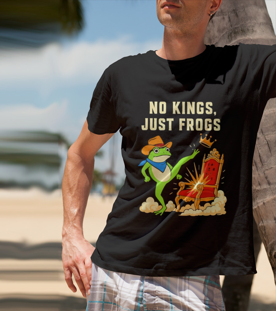 No Kings Just Frogs Portland Cowboy Frog Kicking Crown From Throne T-Shirt