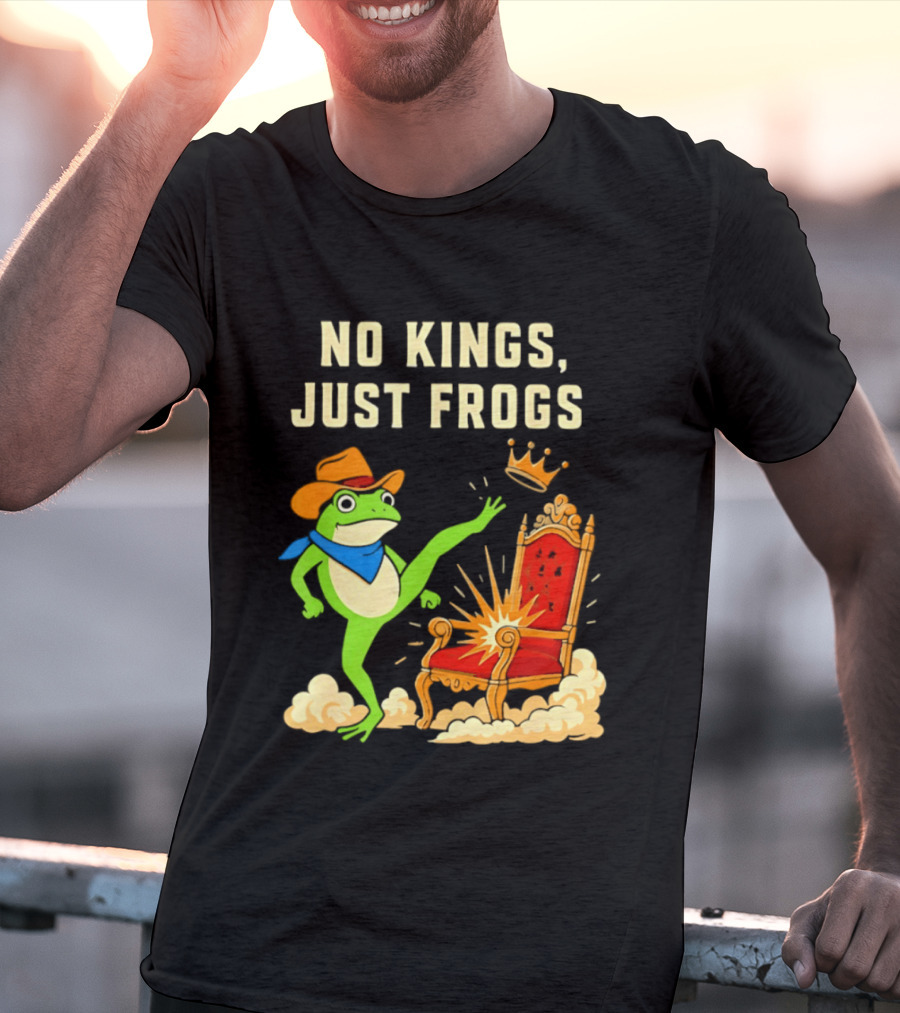 No Kings Just Frogs Portland Cowboy Frog Kicking Crown From Throne T-Shirt