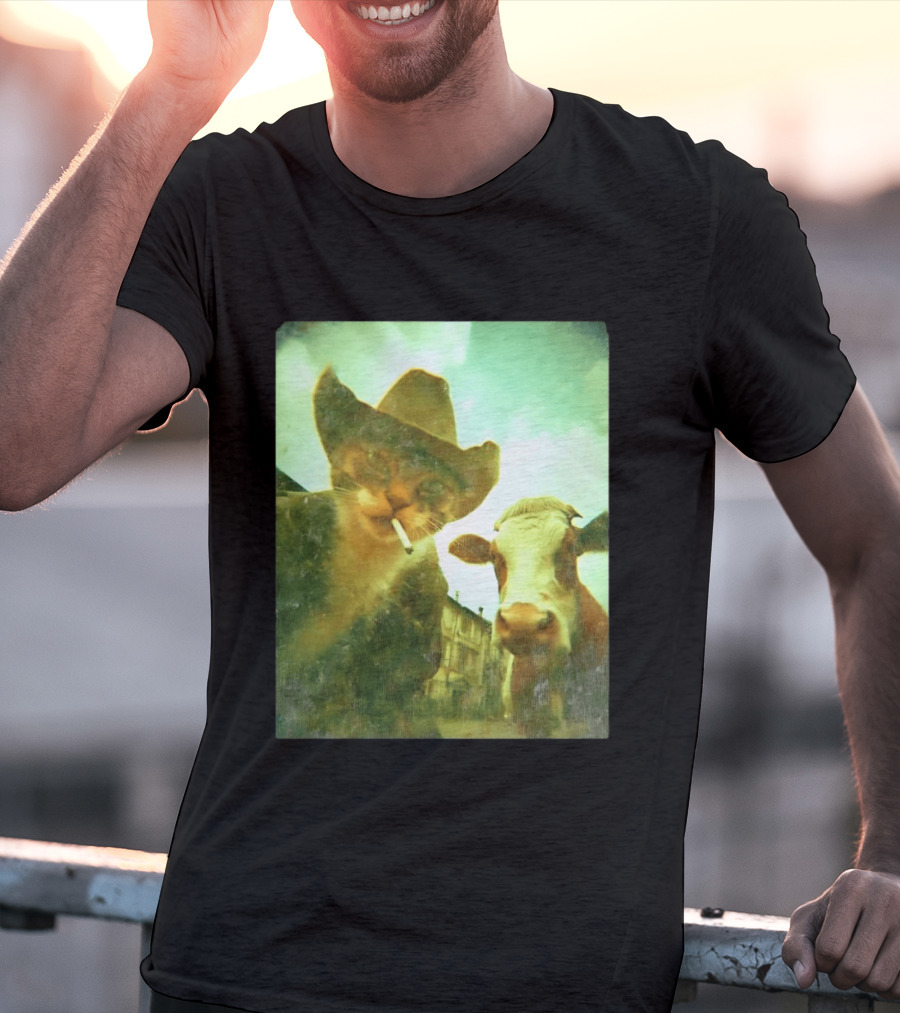Cowboy Cat Smoking With Cow T-Shirt
