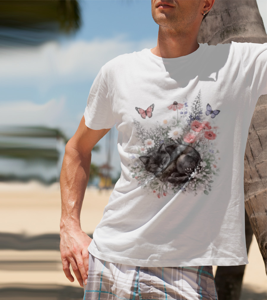 Black Cat Surrounded By Vibrant Flowers And Butterflies T-Shirt