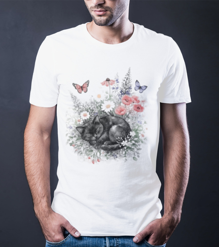 Black Cat Surrounded By Vibrant Flowers And Butterflies T-Shirt