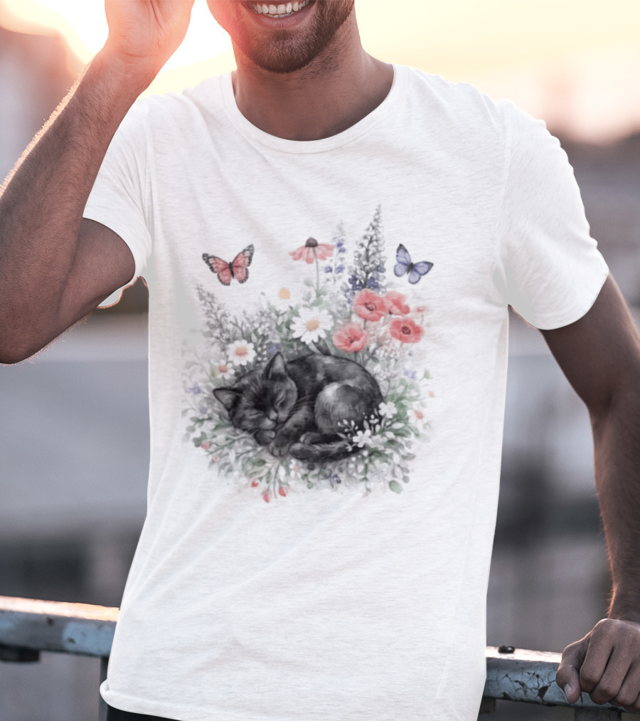 Black Cat Surrounded By Vibrant Flowers And Butterflies T-Shirt