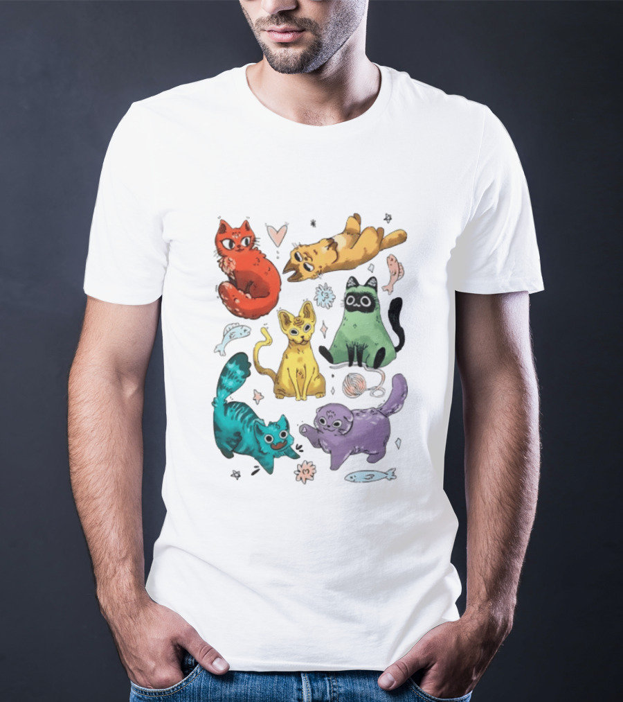 Whimsical Colorful Cats And Rainbow Hearts Collage T-Shirt