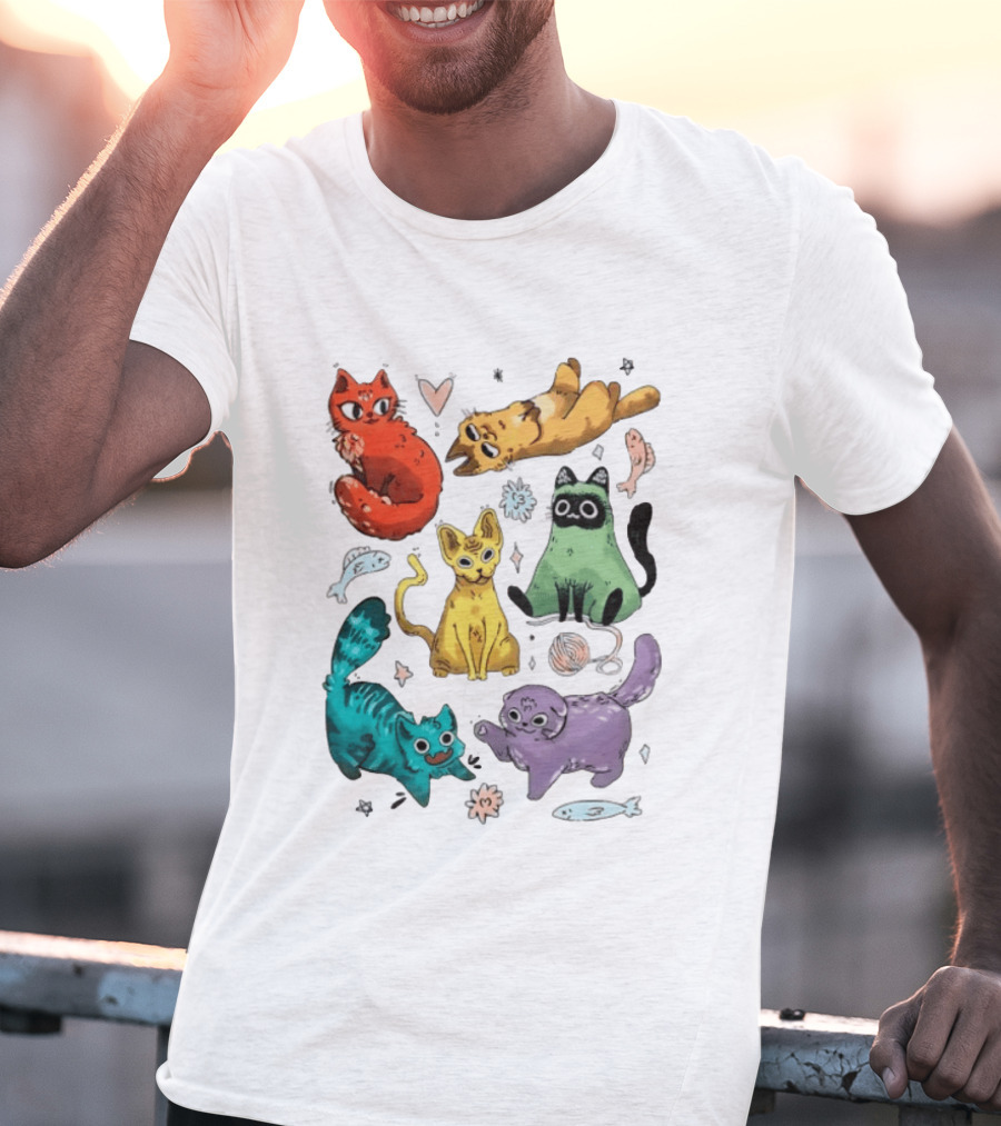 Whimsical Colorful Cats And Rainbow Hearts Collage T-Shirt