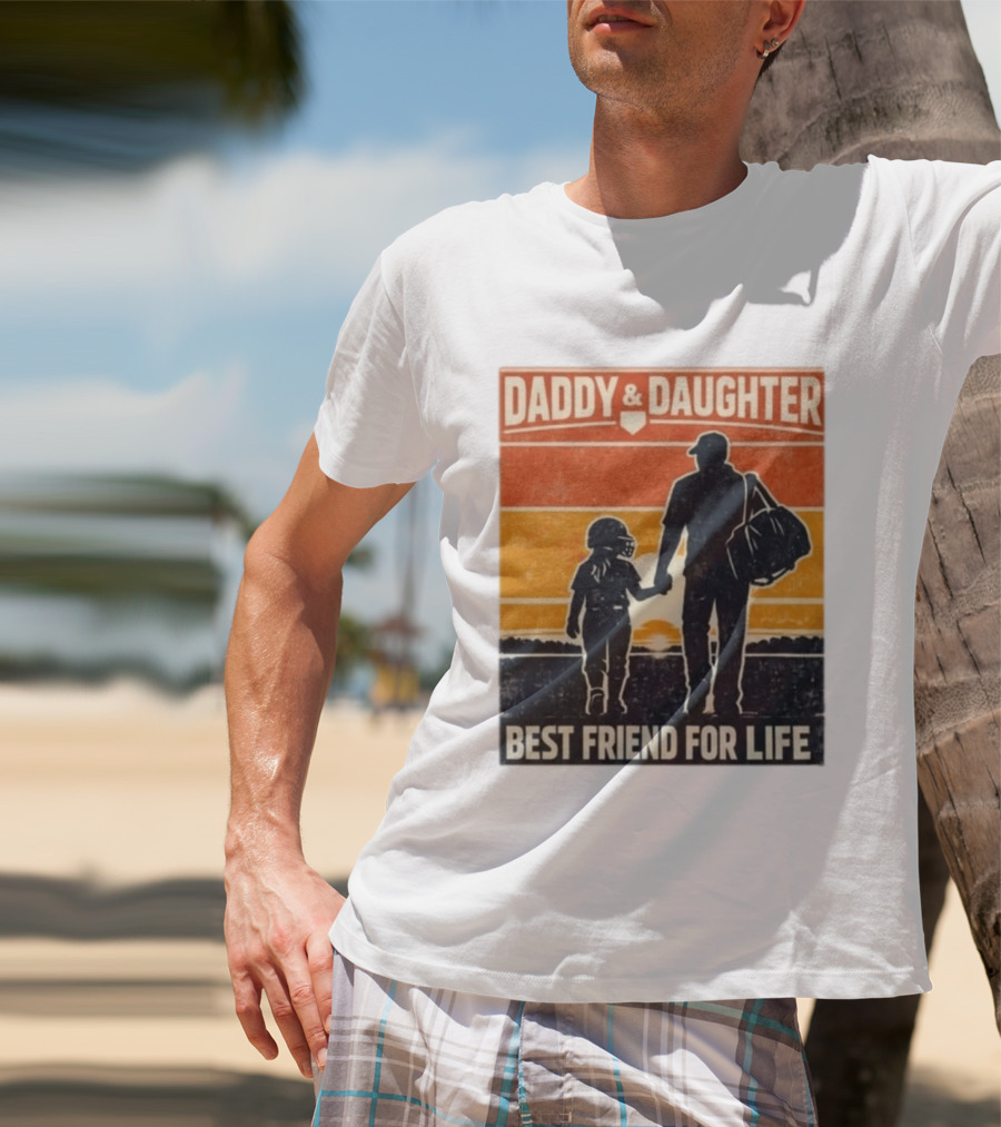 Daddy & Daughter Best Friend For Life Baseball Softball Silhouette Retro Sunset T-Shirt
