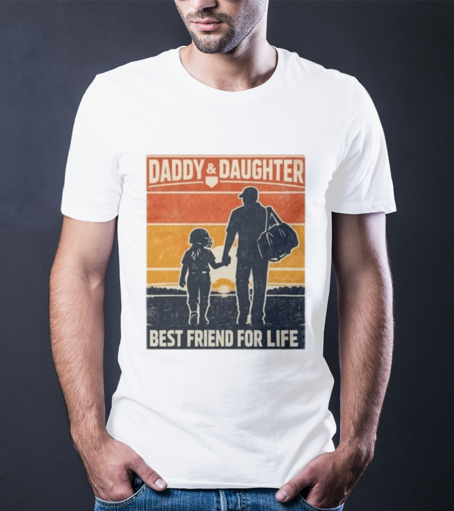 Daddy & Daughter Best Friend For Life Baseball Softball Silhouette Retro Sunset T-Shirt