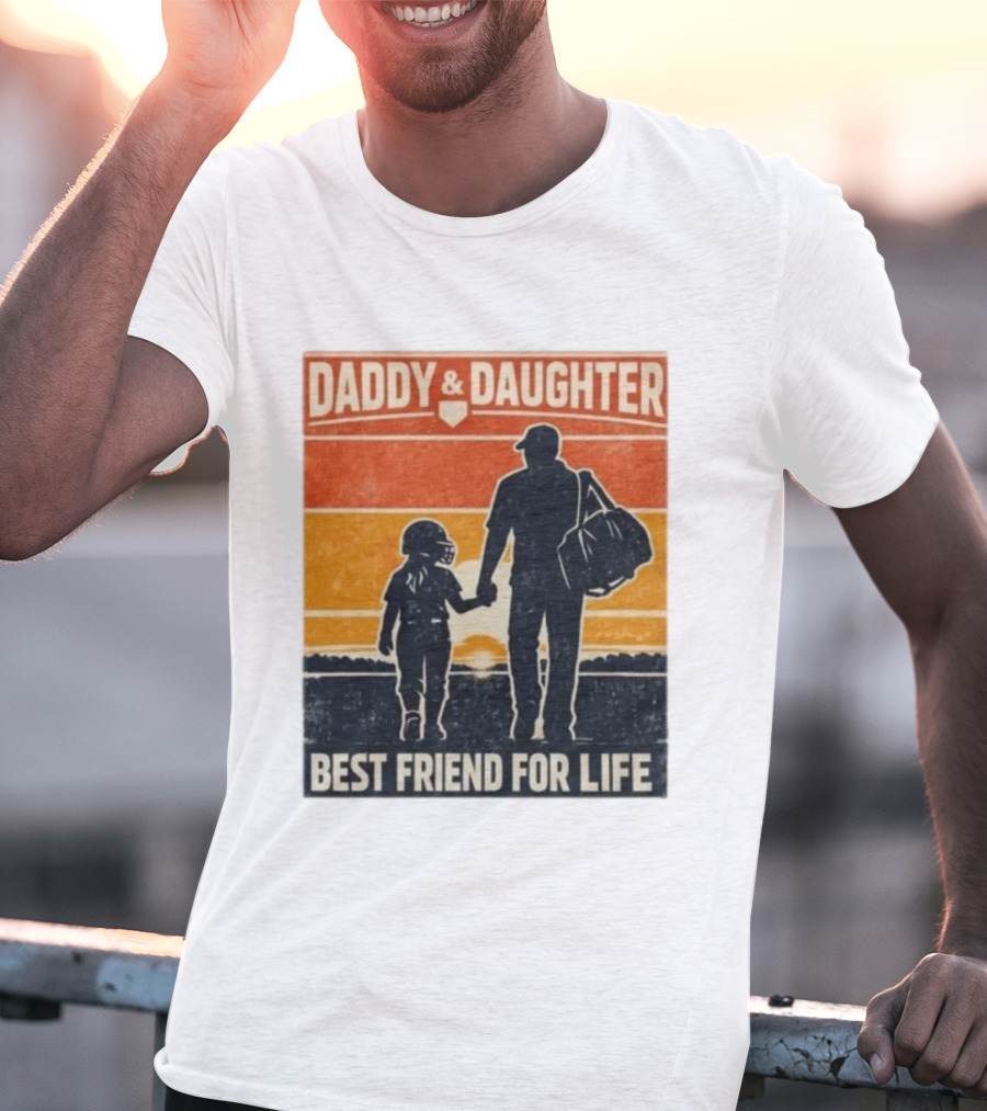 Daddy & Daughter Best Friend For Life Baseball Softball Silhouette Retro Sunset T-Shirt