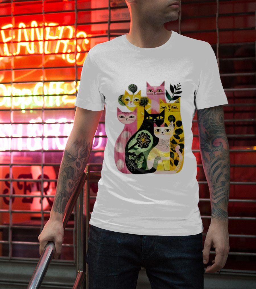 Vibrant Stylized Cats Botanical Foliage Whimsical T-Shirt