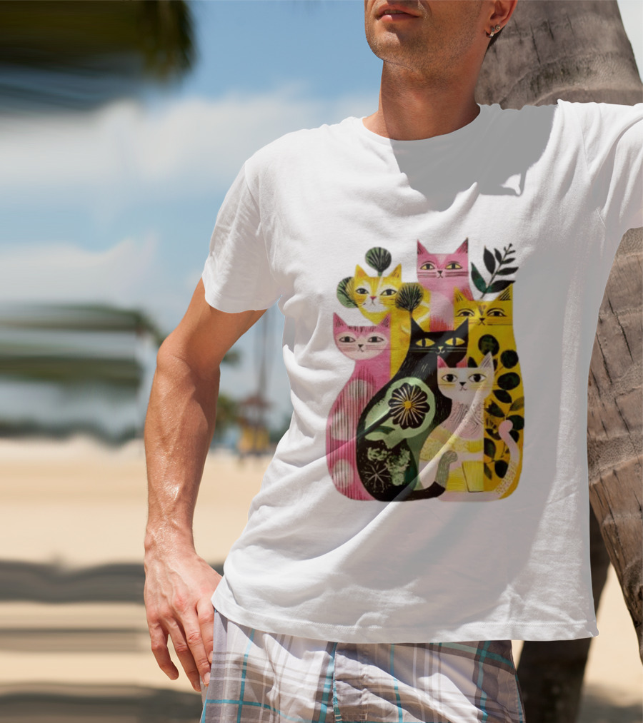 Vibrant Stylized Cats Botanical Foliage Whimsical T-Shirt