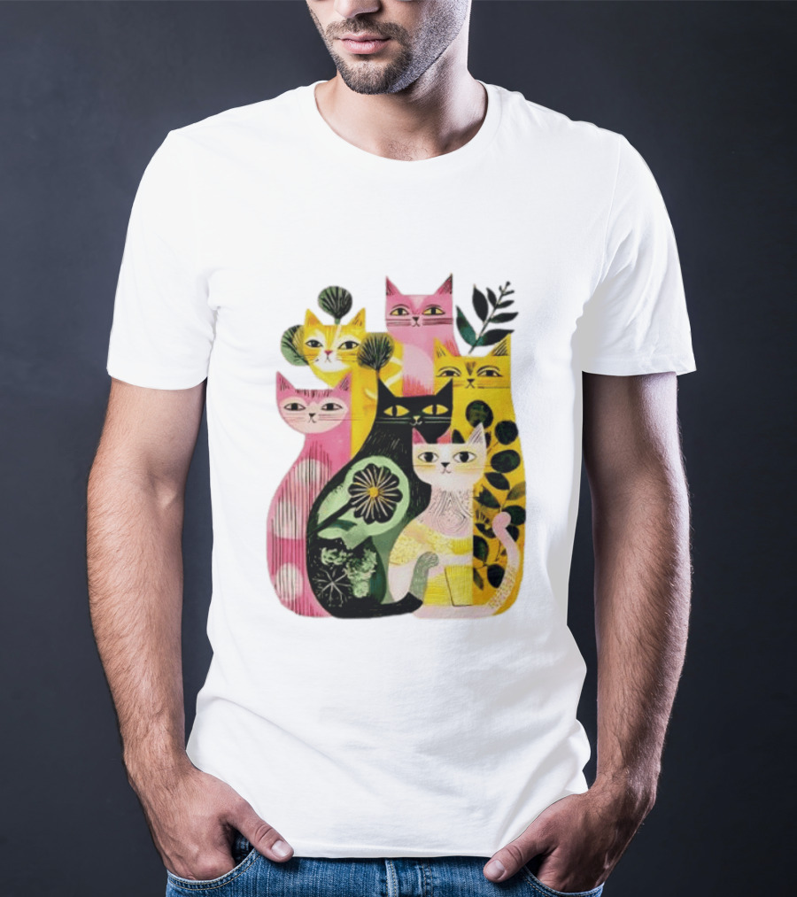 Vibrant Stylized Cats Botanical Foliage Whimsical T-Shirt