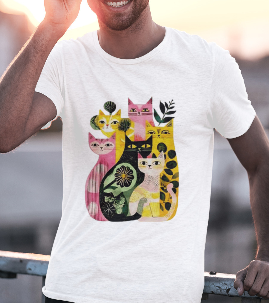 Vibrant Stylized Cats Botanical Foliage Whimsical T-Shirt