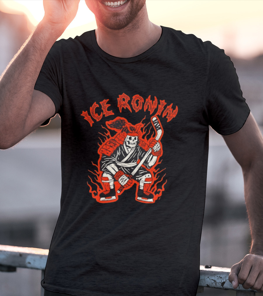 Ice Ronin Samurai Skull Hockey Stick Flames T-Shirt