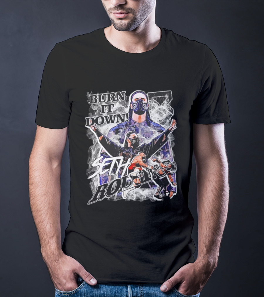 Seth Rollins Burn It Down Wrestling Action Fighter Masked Champion T-Shirt