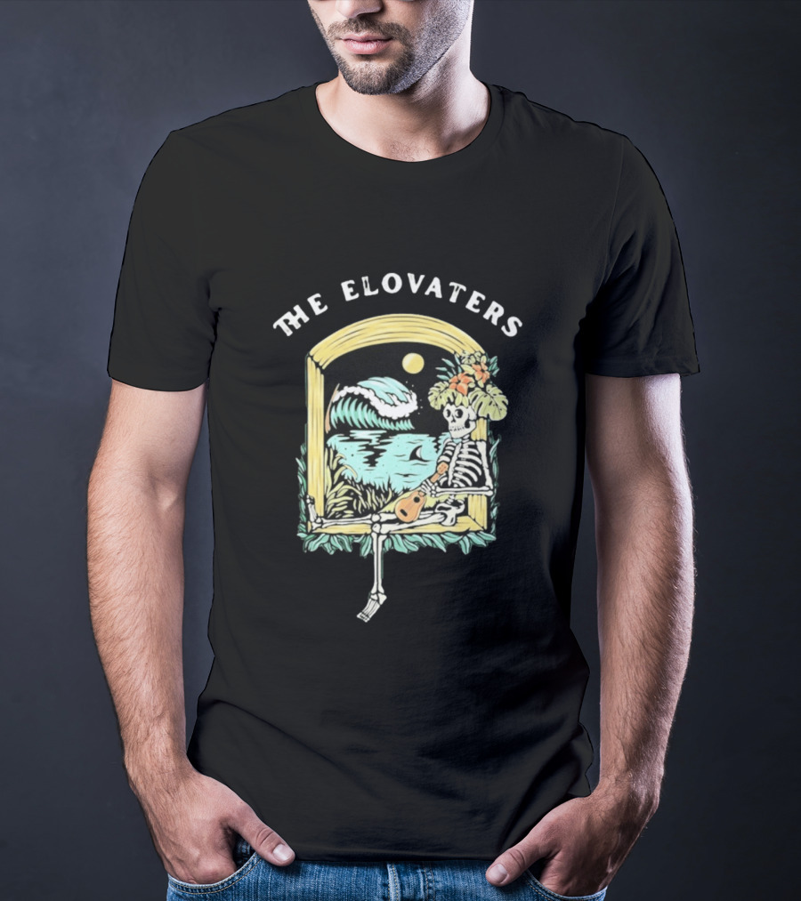 The Elovaters Endless Summer Skeleton Surfing Ukulele Moonlight Scene T-Shirt
