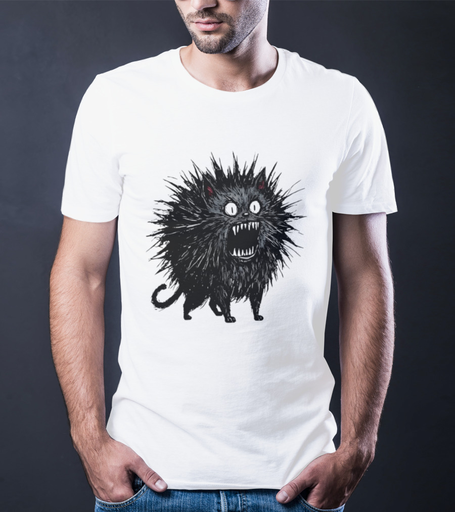 Angry Spiky Black Cat Meme Wild Expression T-Shirt