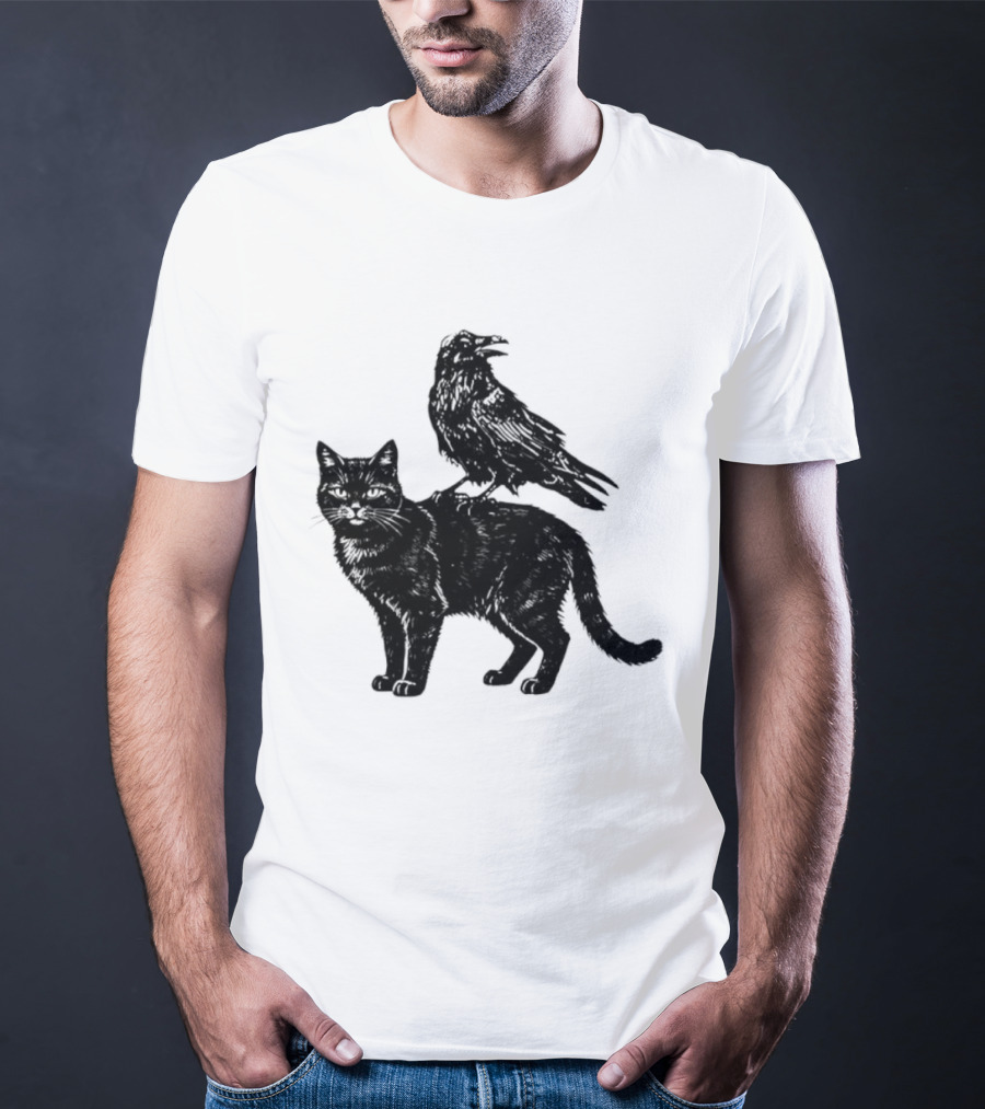 Black Cat And Raven Silhouette Duo T-Shirt