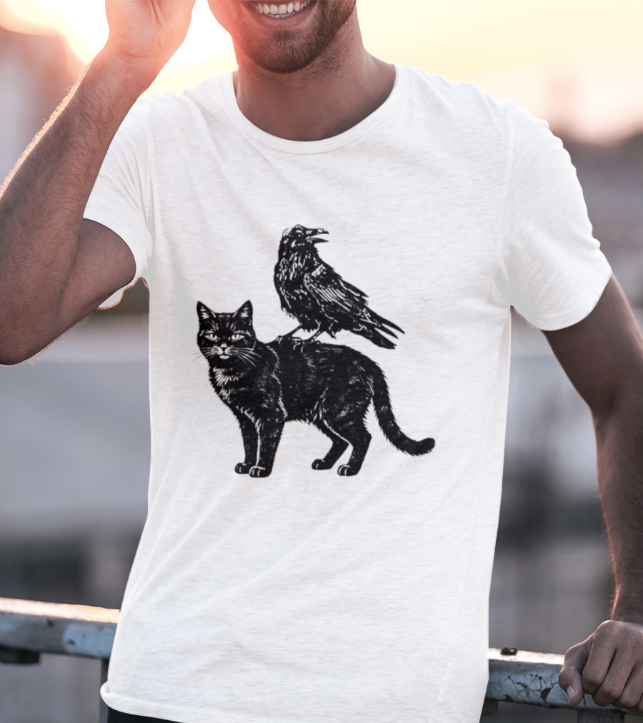 Black Cat And Raven Silhouette Duo T-Shirt