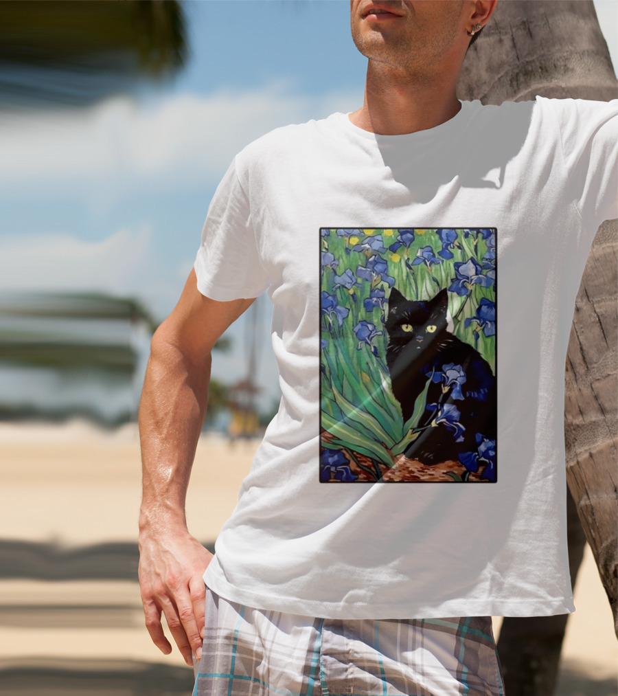 Black Cat With Van Gogh Irises Painting T-Shirt