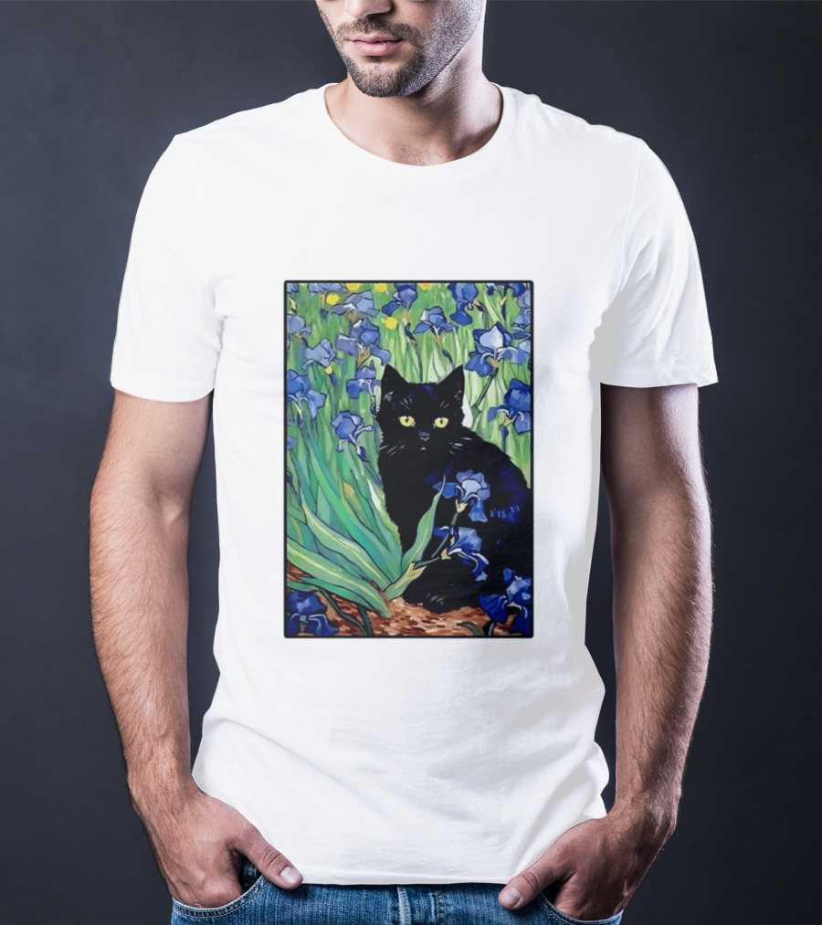 Black Cat With Van Gogh Irises Painting T-Shirt