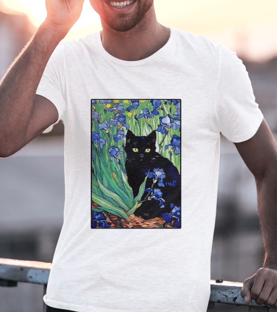 Black Cat With Van Gogh Irises Painting T-Shirt