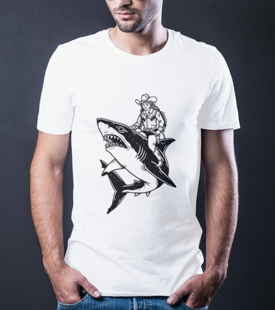 Cowgirl Riding Shark Novelty T-Shirt