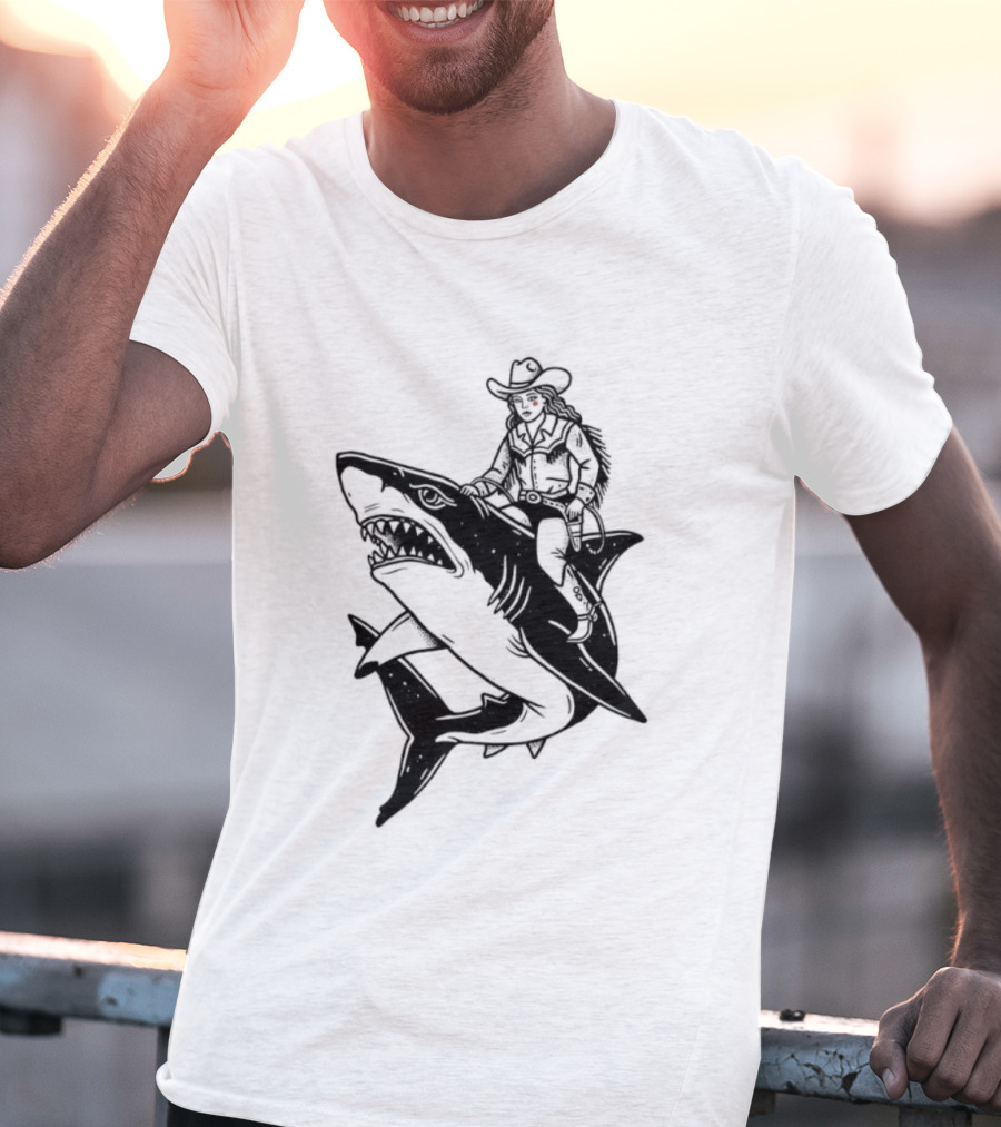 Cowgirl Riding Shark Novelty T-Shirt