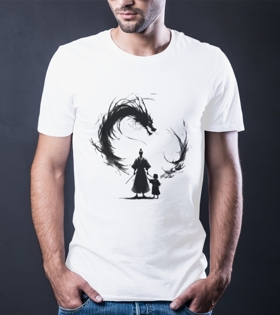 Samurai And Son With Black Dragon Circle T-Shirt