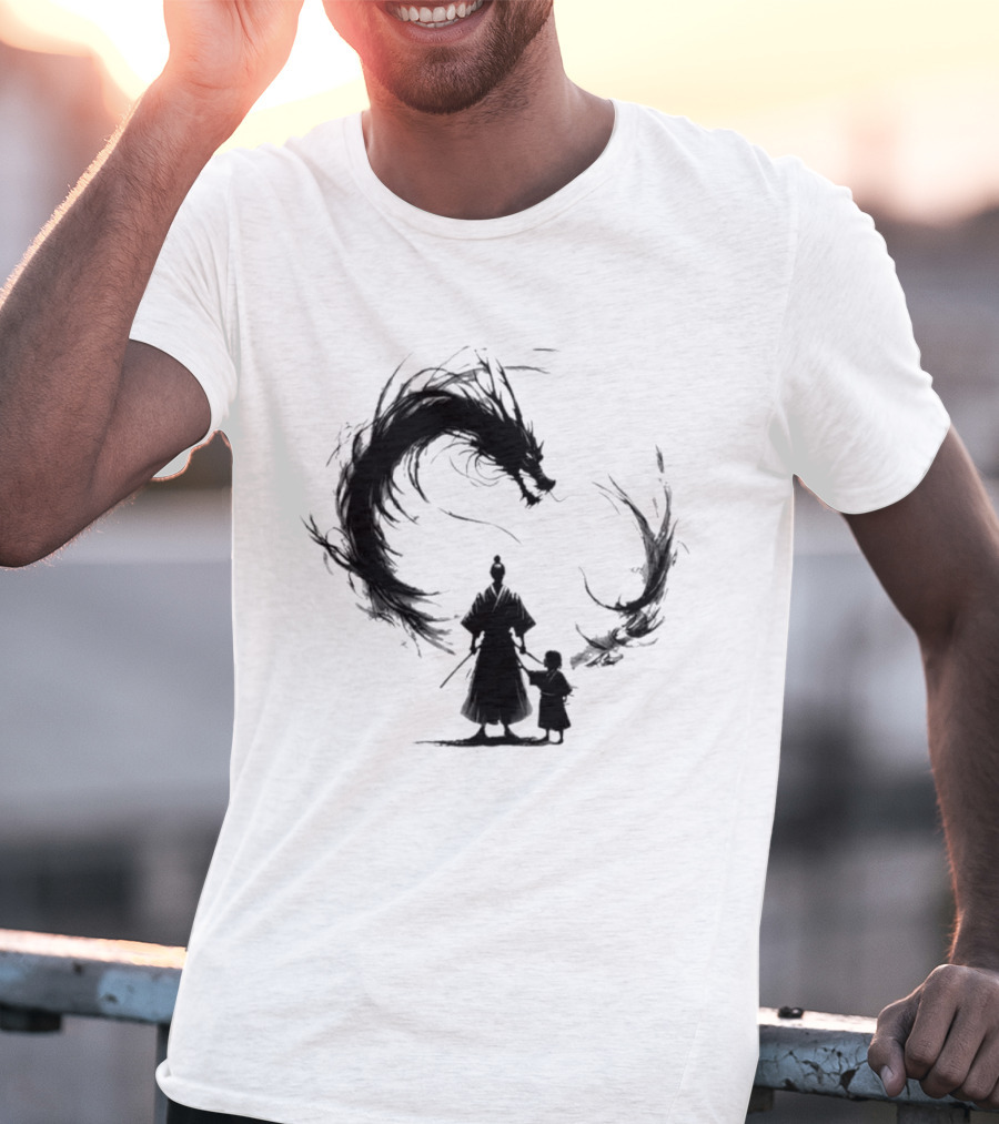 Samurai And Son With Black Dragon Circle T-Shirt