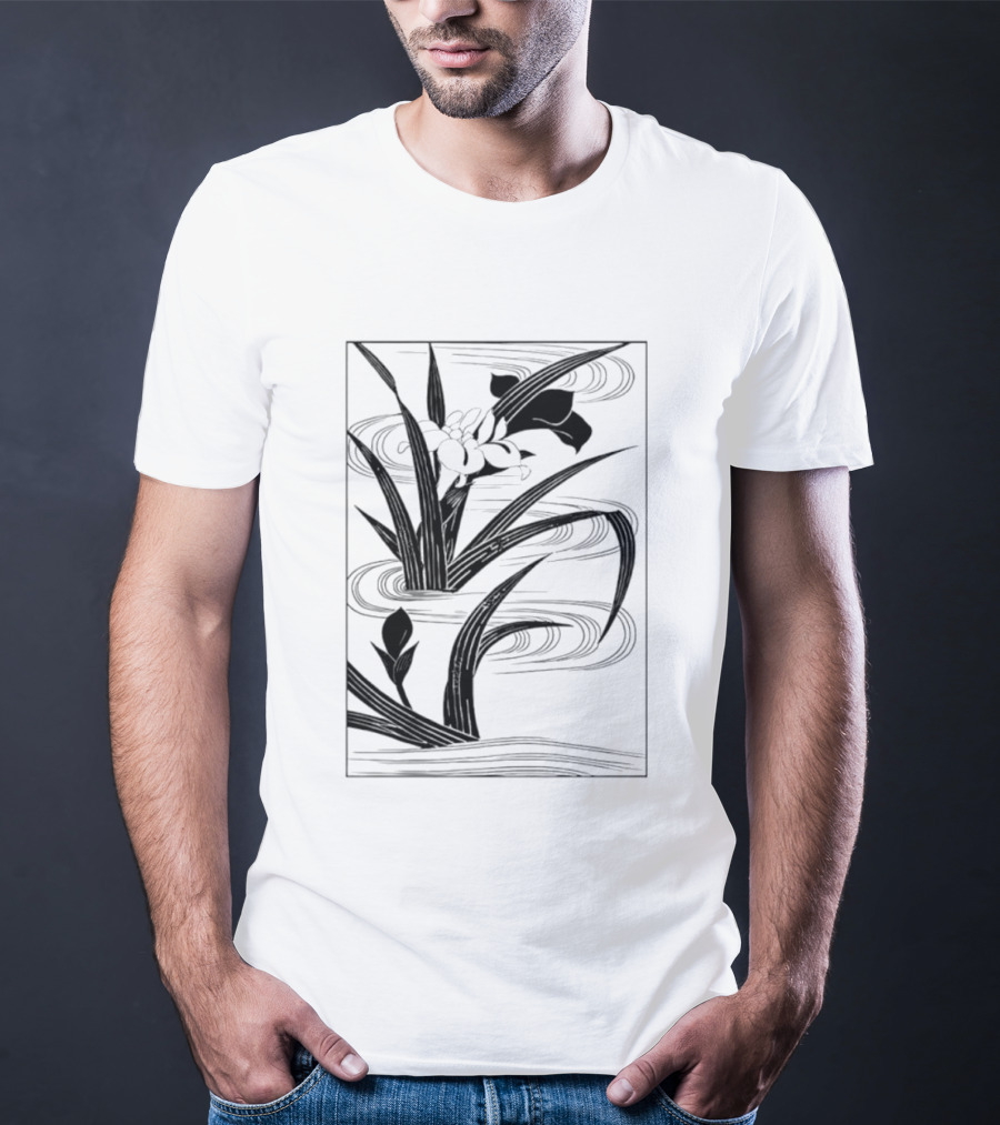 Japanese Black And White Irises In Water With Flowing Waves T-Shirt