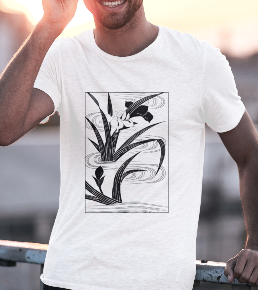 Japanese Black And White Irises In Water With Flowing Waves T-Shirt