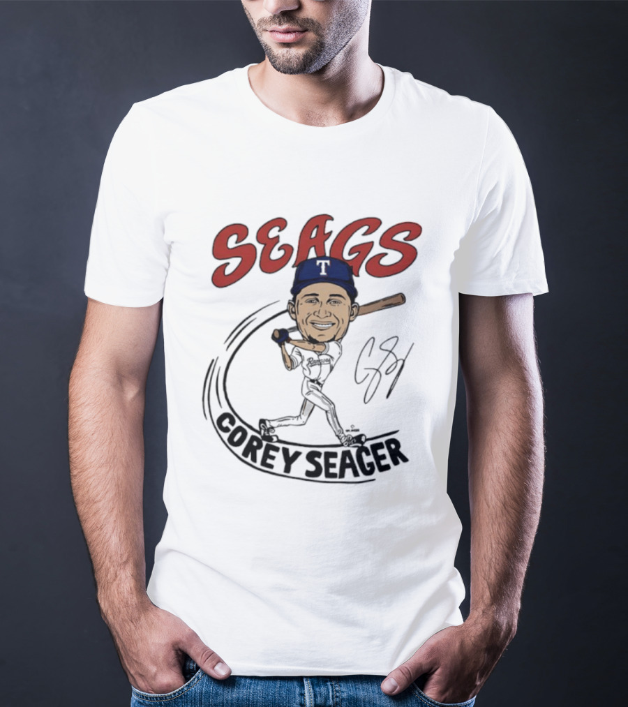 Seags Corey Seager Texas Rangers Slugger Swing Caricature T-Shirt